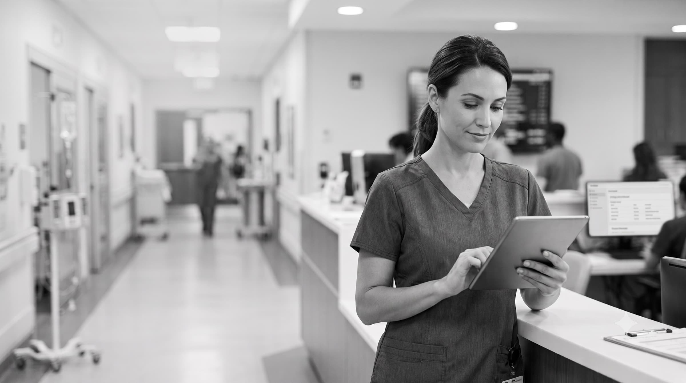 A clinician reviewing Karibu on a tablet at a hospital nursing station